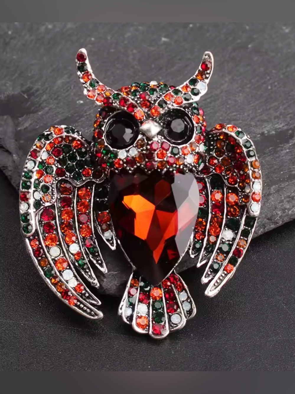 Heart-Center Sparkling Rhinestone Owl Brooch in Deep Orange and Multicolor